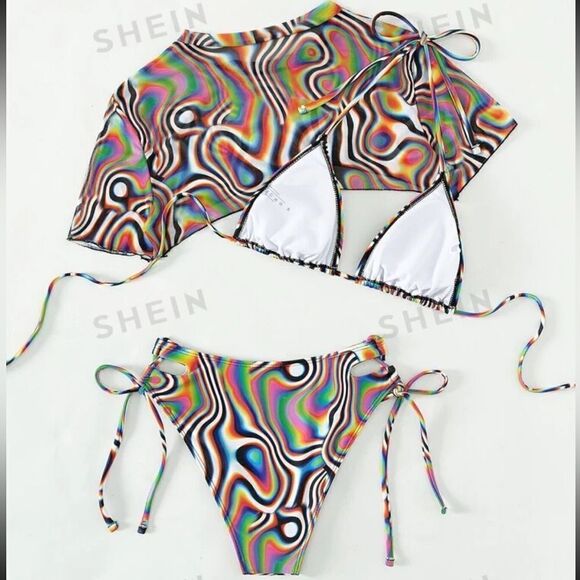 SXY Summer Beach Marble Print 3 Piece Swimsuit Set - Picture 3 of 5